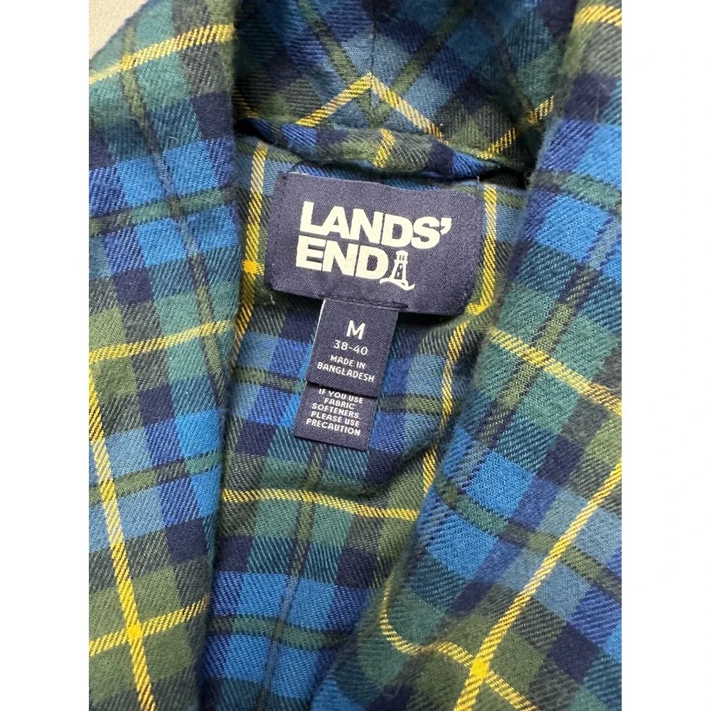 Lands End Mens Flannel Robe Blue Green Plaid Cotton Shawl Collar Belted Size M